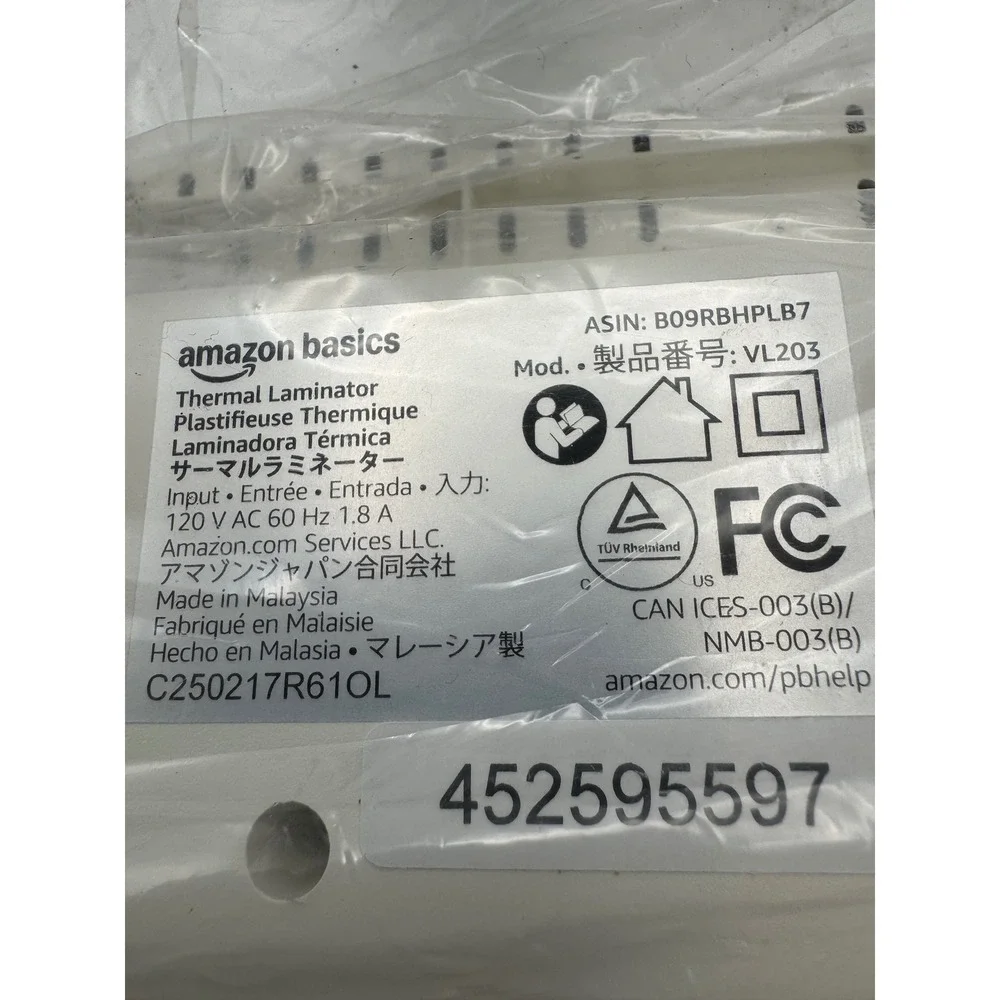 Amazon Basics Thermal‎ Laminator VL203 120V AC White Office Business